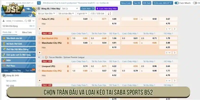 Sảnh Thể Thao Saba Sports B52 Đa Kèo Trả Thưởng Lớn Nhất Chọn trận đấu và loại kèo tại Saba Sports B52